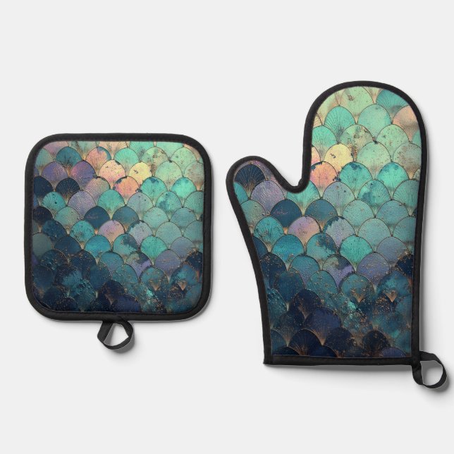 Mermaid Scales Design Ofenhandschuh & Topflappen-Set (Vorderseite)