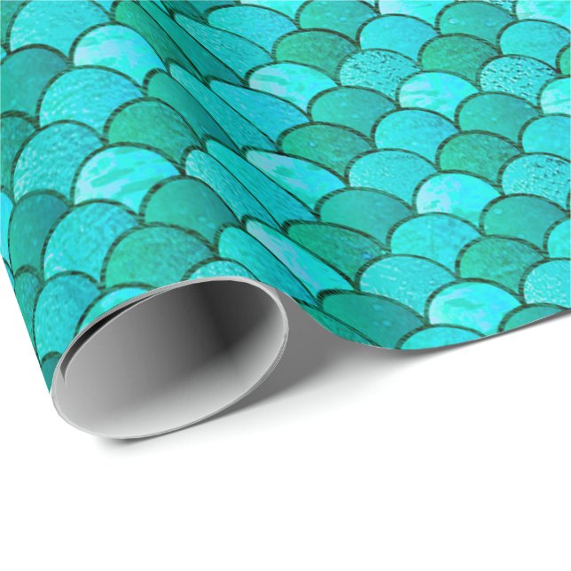 Mermaid Scales Glitzer Blue Ocean Aqua Geschenkpapier (Rolleneckpunkt)