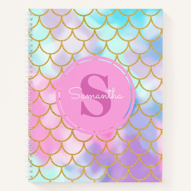 Mermaid Scales Gold Glitzer Muster rosa Monogramm Notizbuch (Vorderseite)