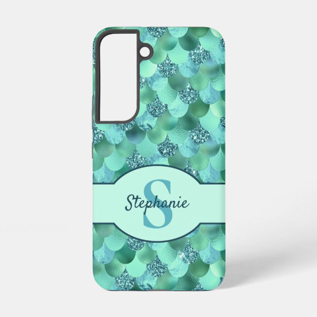 Mermaid Scales Monogram Sea Green Aqua Blue Samsung Galaxy Hülle (Rückseite)