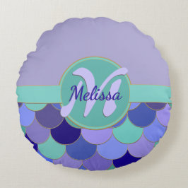 Mermaid Scales Monogramm + Name Lila & Aqua Aquama Rundes Kissen