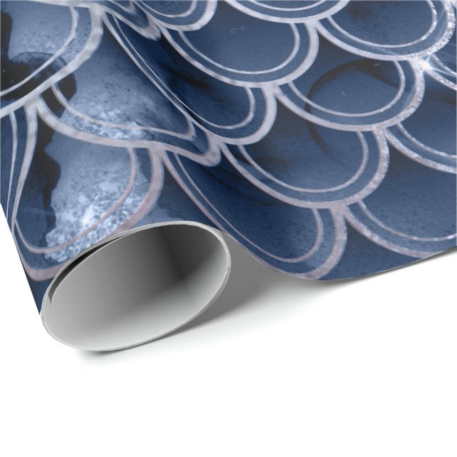 Mermaid Scales Pink Rose Glitzer Blue Navy Bridal Geschenkpapier (Rolleneckpunkt)