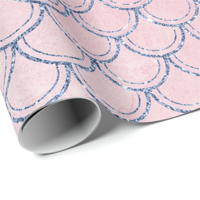 Mermaid Scales Pink Rose Glitzer Blue Navy Spark Geschenkpapier (Rolleneckpunkt)