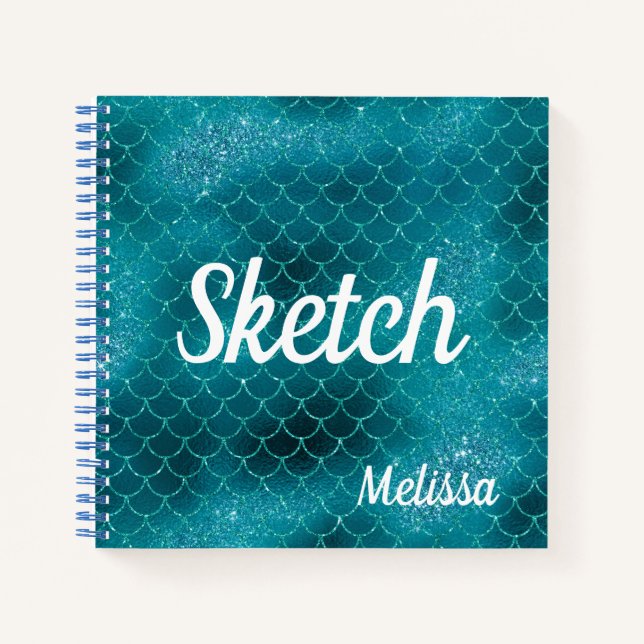 Mermaid Scanner Aquamarin Glitzer Monogram Sketchb Notizbuch (Vorderseite)