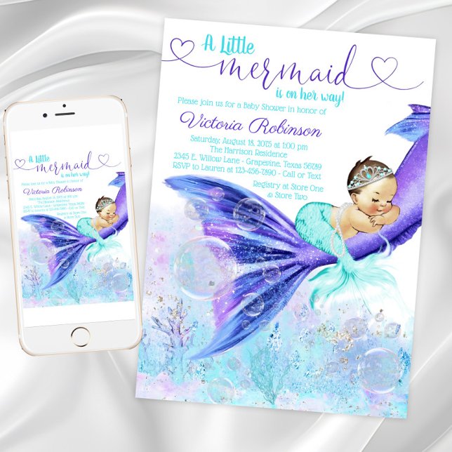 Mermaid Schwanz Baby Dusche Brünett Meerjungfrau Einladung (Pretty mermaid baby shower invitation. Instant download and printed invitations available.)