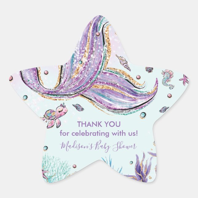 Mermaid Schwanz Birthday Baby Dusche Vielen Dank f Stern-Aufkleber (Vorderseite)