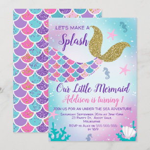 Mermaid Schwanz Gold Pink Lila zum Geburtstag Einl Einladung