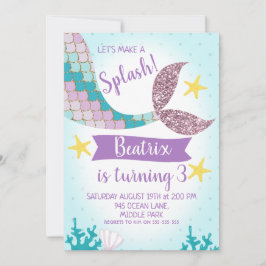 Mermaid Schwanz Lila und Aquamarin zum Geburtstag  Einladung