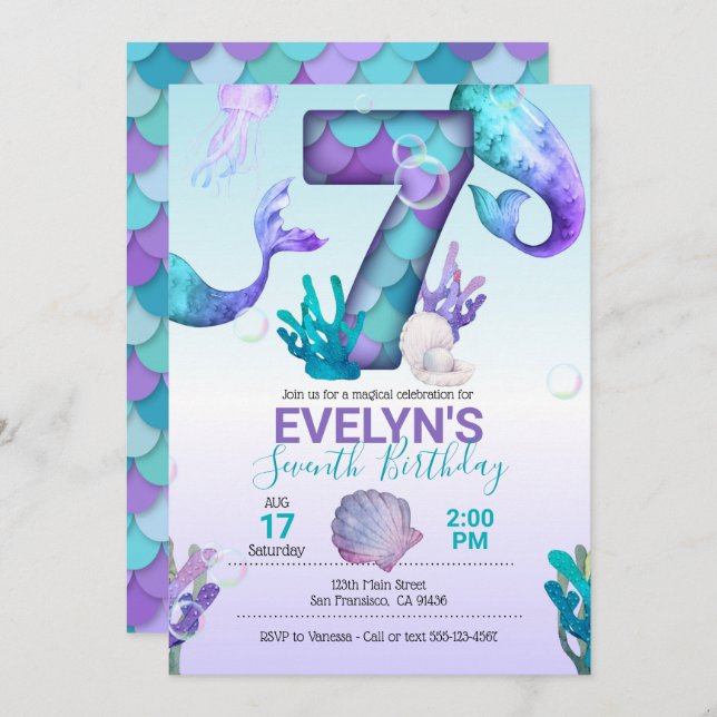 Mermaid Schwanz Mermaid Einladung zum 7. Geburtsta (Vorne/Hinten)