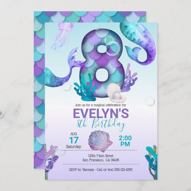 Mermaid Schwanz Mermaid Einladung zum 8. Geburtsta (Vorne/Hinten)