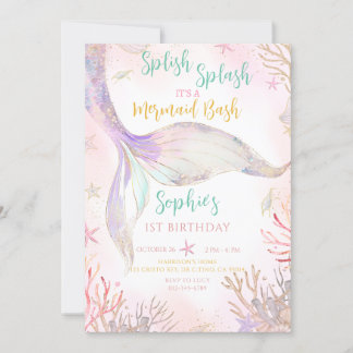 Mermaid Schwanz Splish Splash Pink Lila Geburtstag Einladung