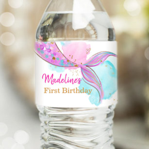 Mermaid Schwanz Watercolor Lila Gold Girl Geburtst Wasserflaschenetikett