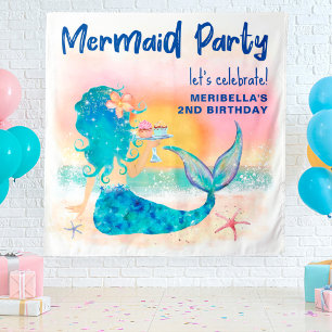 Mermaid Sea Beach Cupcakes Birthday Photo Backdrop Wandteppich