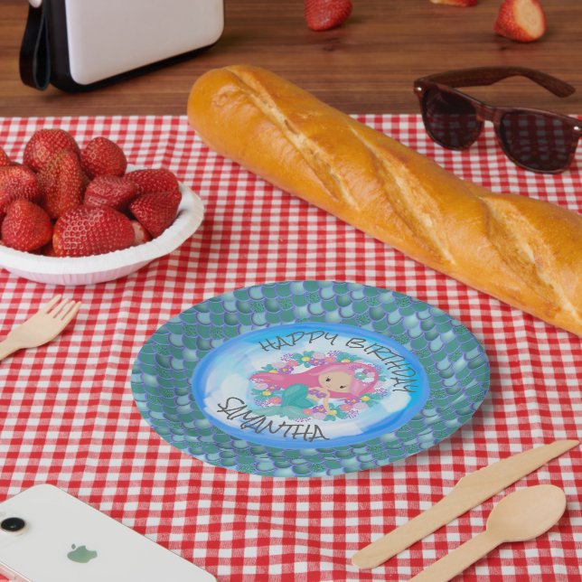Mermaid Sea Blue Green Scales Paper Plate Pappteller (Picknick)