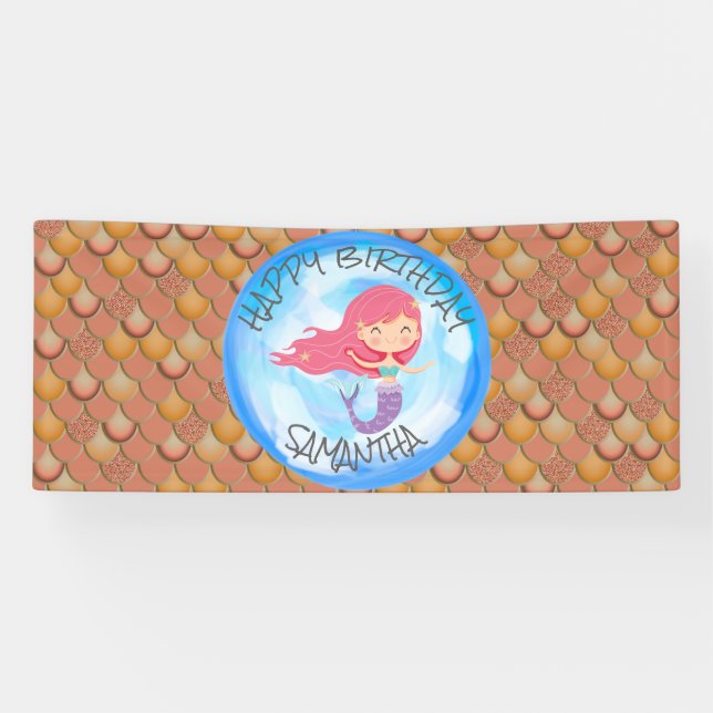 Mermaid Sea Brown Orange Birthday Banner (Horizontal)