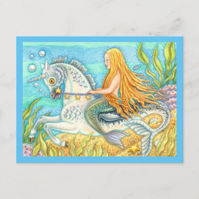 MERMAID & SEA STALLION, WHIMSICAL FANTASY UNICORN POSTKARTE (Vorderseite)
