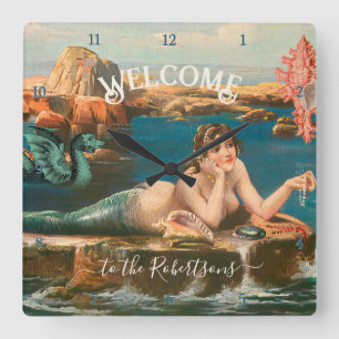 Mermaid Seashore Muscheln Sea Vintag Beach House Quadratische Wanduhr