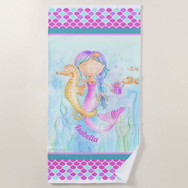 Mermaid Seepferd Aquarell Art individuelle Name Strandtuch (Vorderseite)