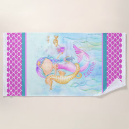 Mermaid Seepferd Aquarell individuelle Name Streif Strandtuch