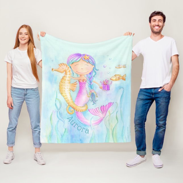 Mermaid Seepferd whimsy Aquarell individuelle Name Fleecedecke (Beispiel)
