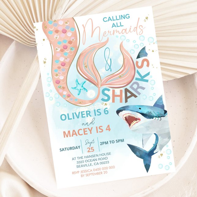 Mermaid Shark Birthday Einladung Joint Birthday (Mermaid and Shark Birthday Invitation. Perfect invitation for pool parties, beach parties and more)