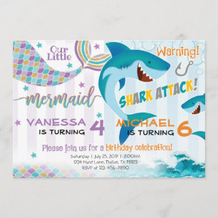 Mermaid Shark Birthday Party Einladung Geschwister