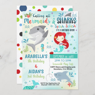 Mermaid Shark Invasion Geschwister Geburtstag Geme Einladung