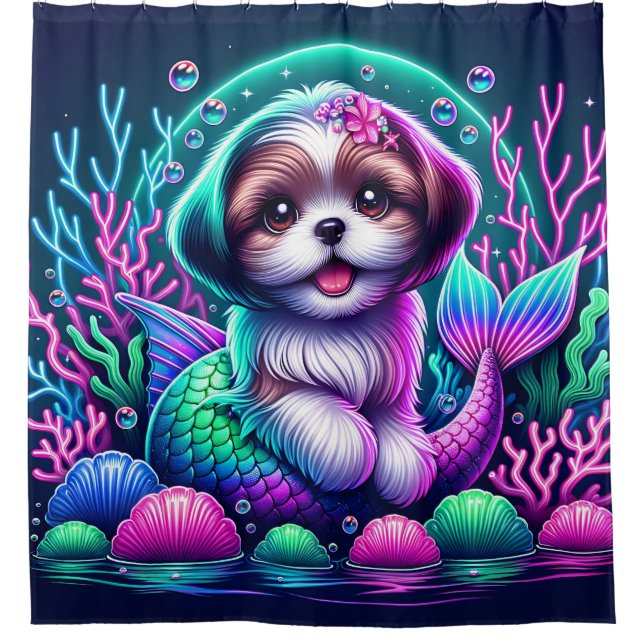 "Mermaid Shih Tzu Puppy - Whimsical Fantasy Art" Duschvorhang (Vorderseite)