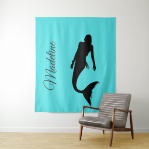 Mermaid Silhouette Blue Summer Modern Wandteppich