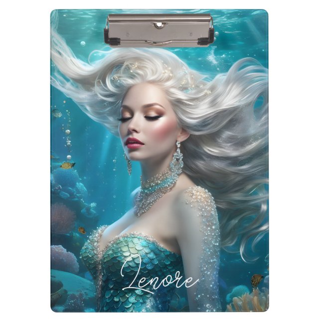 Mermaid Silver Hair Türkis Ozean Klemmbrett (Vorderseite)