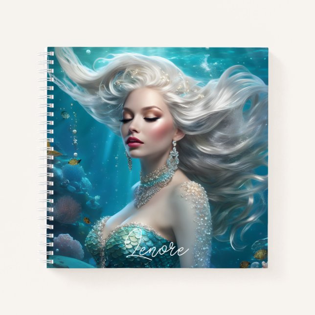 Mermaid Silver Hair Türkis Ozean Notizbuch (Vorderseite)