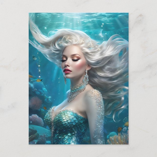 Mermaid Silver Hair Türkis Ozean Postkarte (Vorderseite)
