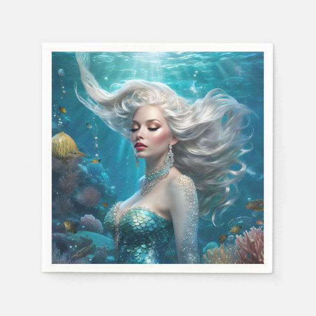 Mermaid Silver Hair Türkis Ozean Serviette (Vorderseite)