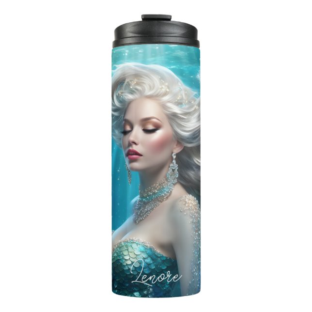 Mermaid Silver Hair Türkis Ozean Thermosbecher (Vorderseite)
