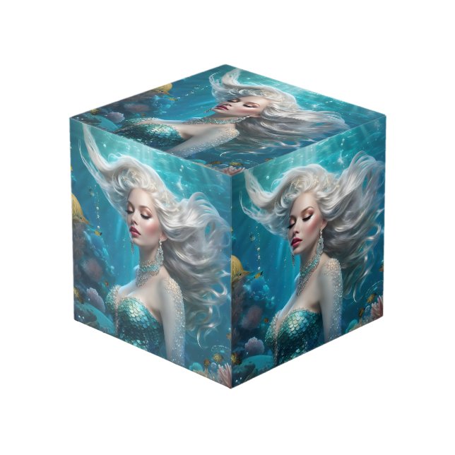 Mermaid Silver Hair Türkis Ozean Würfel (Vorderseite Schrägansicht)