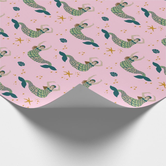 Mermaid Siren Theme Illustration Print Pink Geschenkpapier (Ecke)