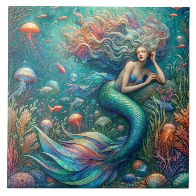 Mermaid Siren's Coral Kingdom - Ocean Fantasy Tile Fliese (Vorderseite)