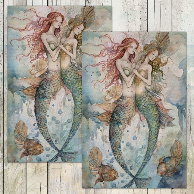 MERMAID SISTERDECOUPAGE SEIDENPAPIER (WATERCOLOR MERMAID SISTERS DECOUPAGE TISSUE PAPER)
