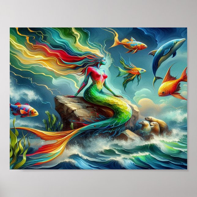 Mermaid Sits on Rock Umgeben von Whimsical 8x10 Poster (Vorne)