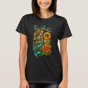 Mermaid Skeleton Traditionelle Tattoo Alte Schule T-Shirt