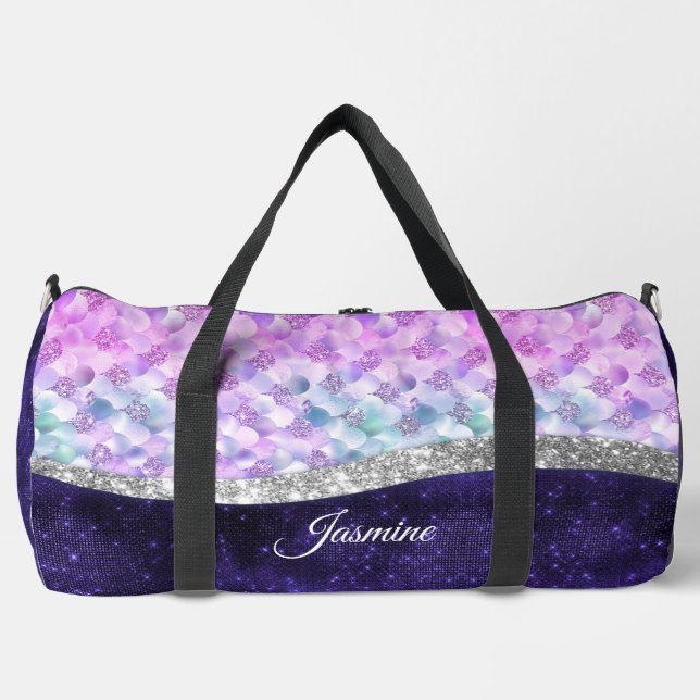 Mermaid skin lila silber Imitate Glitzer monogramm Duffle Bag (Vorderseite)