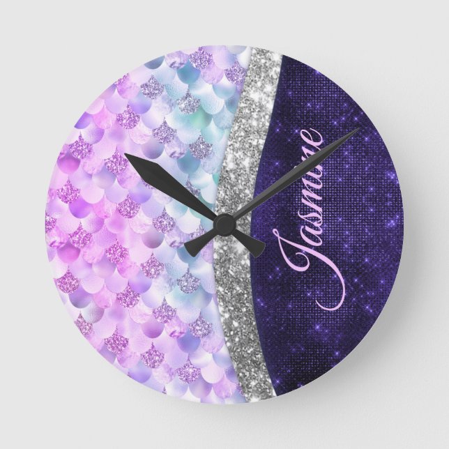 Mermaid skin lila silber Imitate Glitzer monogramm Runde Wanduhr (Vorderseite)