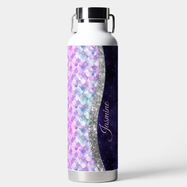 Mermaid skin lila silber Imitate Glitzer monogramm Trinkflasche (Vorderseite)