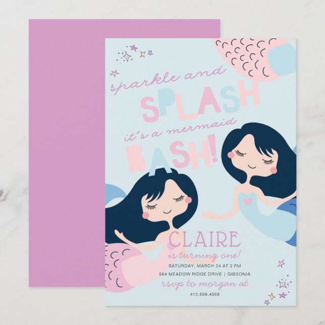 Mermaid Splish Splash Bash Bash Birthday Einladung (Vorne/Hinten)