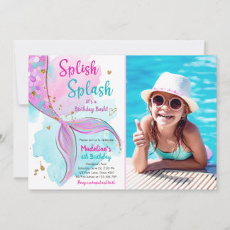 Mermaid Splish Splash Birthday Bash Girl Gold Einladung