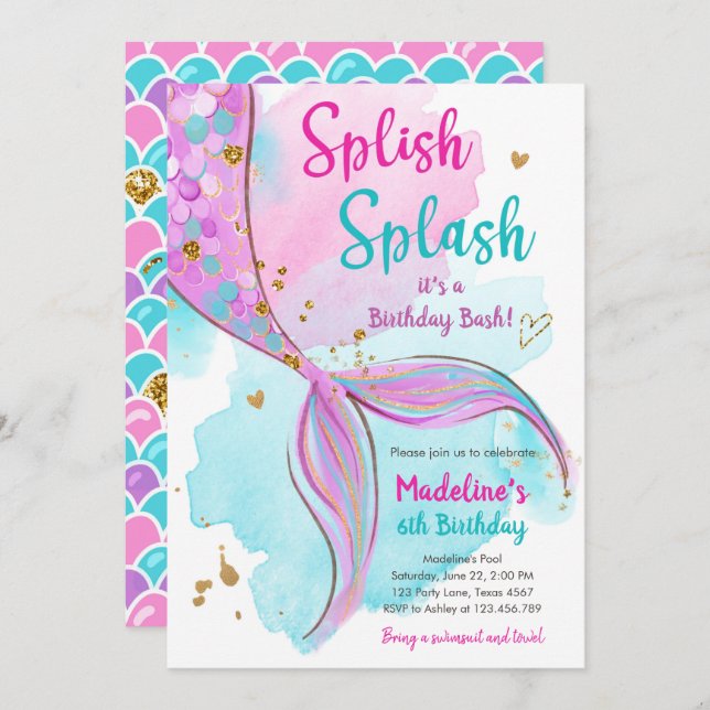Mermaid Splish Splash Birthday Bash Girl Gold Invi Einladung (Vorne/Hinten)