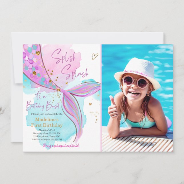 Mermaid Splish Splash Pool Party Girl Birthday Einladung (Vorderseite)
