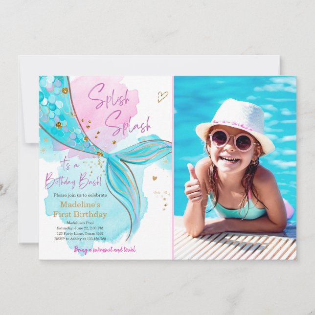 Mermaid Splish Splash Pool Party Girl Birthday Inv Einladung (Vorderseite)