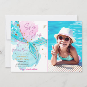 Mermaid Splish Splash Pool Party Girl Birthday Inv Einladung
