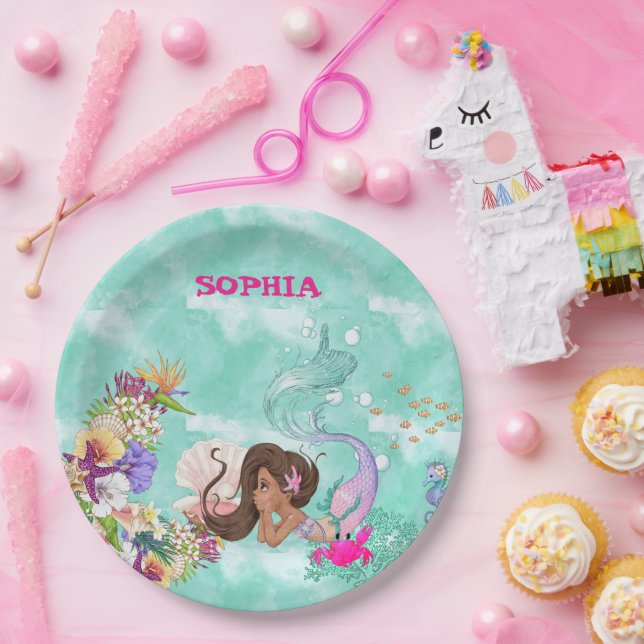 Mermaid Starfish Dark Hair Niedlich Personal Napki Pappteller (Party)